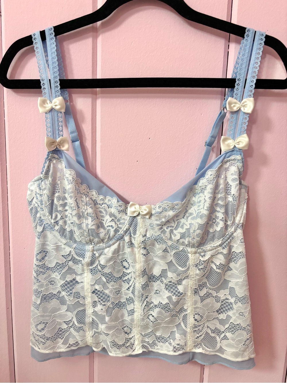 Pastel Blue & White Coquette Floral Lace Sheer Bow Corset Bustier Top - Medium - Picture 8 of 16